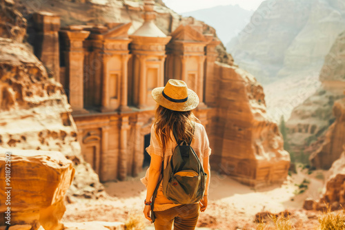 Sightseer walking through the ancient city of Petra, Jordan. photo