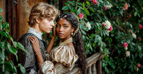 Romeo and Juliet on balcony. Couple in love, medieval theater play. Castle in Verona with romantic Shakespeare lovers. African teen princess and prince, theatre scene. Fairytale about Romeo and Juliet