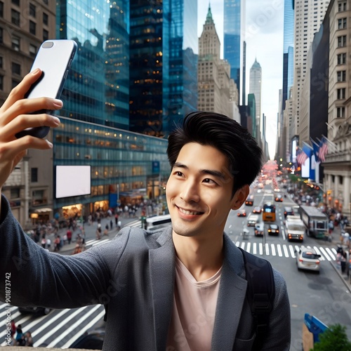 Young man taking selfie with city view. using smartphone to take selfie pictures and smiling photo