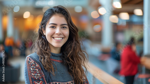 Young smiling latin girl college student or teacher looking at camera standing in university campus. Happy hispanic millennial woman professional posing in modern coworking creative office space photo