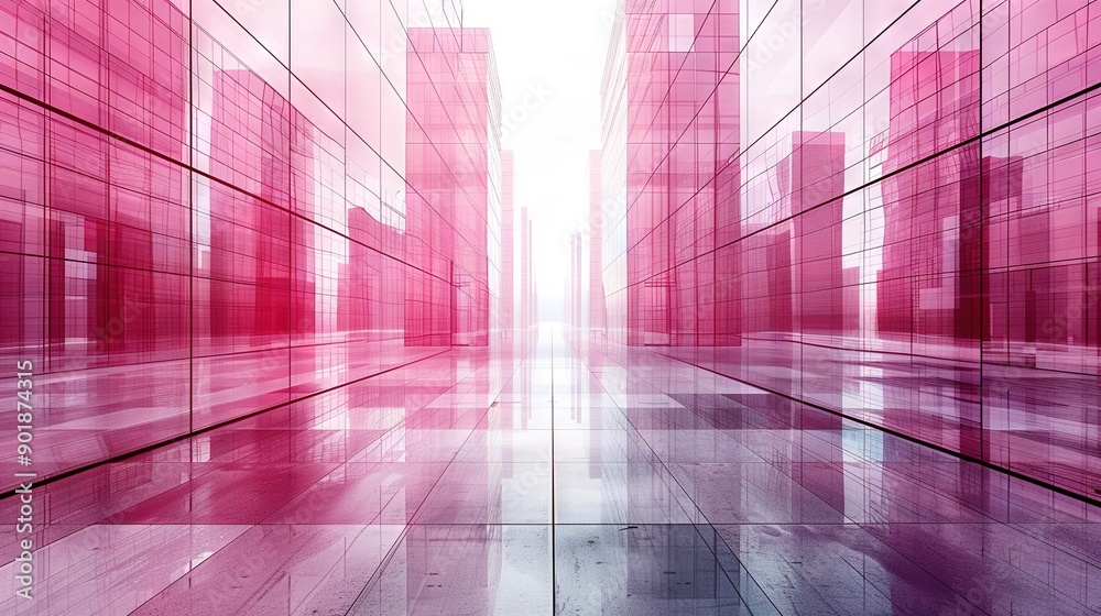 A city street bustling with towering buildings adorned in vibrant pink and red glass panels, bathed in golden sunlight streaming through the windows A city street bustling with towering buildings adorned in vibrant pink and red glass panels, bathed in golden sunlight streaming through the windows