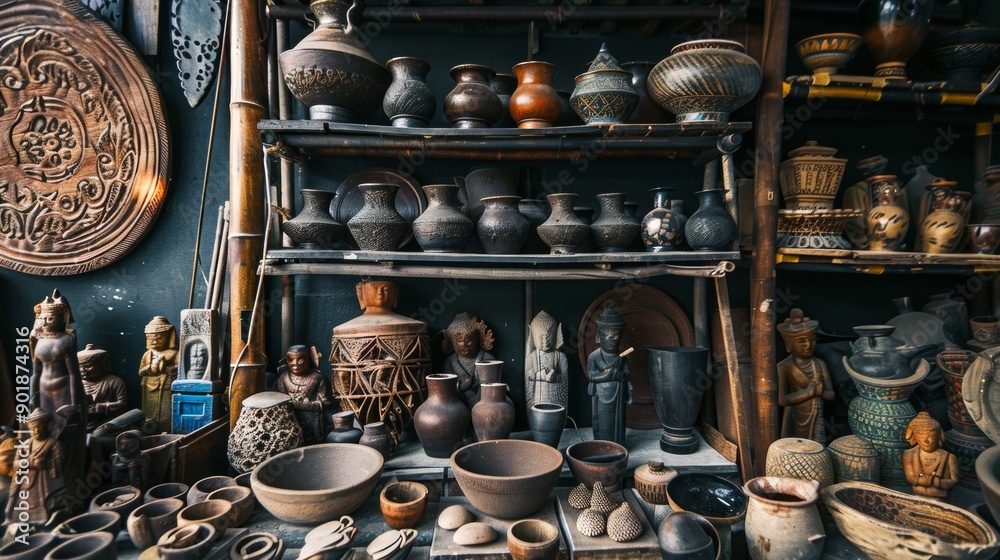 Traditional handcrafted pottery on shelves