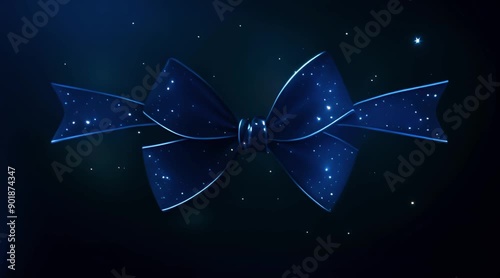 Abstract blue festive background with sparks, ribbons and a bow. Presentations and congratulations on the occasion.
