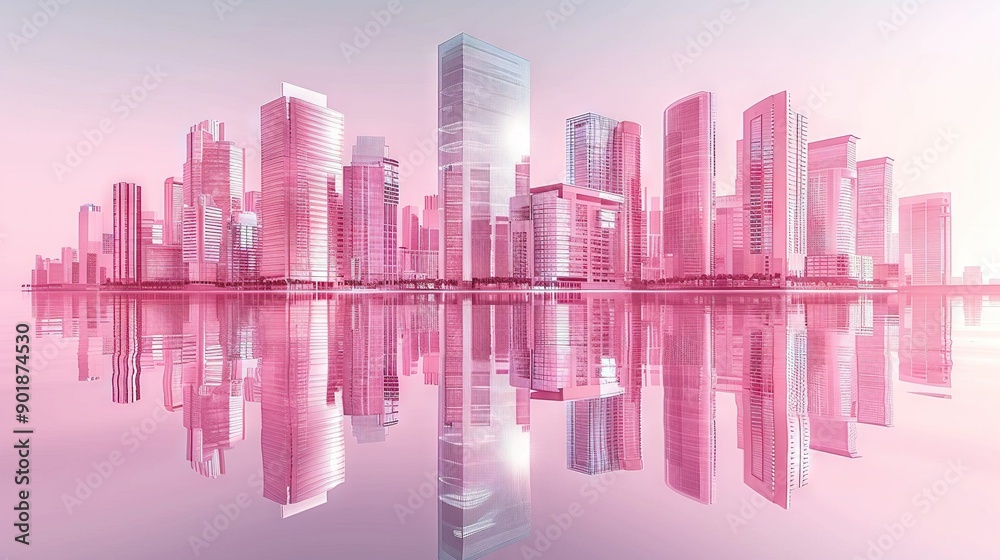 City reflected on pink-white background; water shows city image City reflected on pink-white background; water shows city image