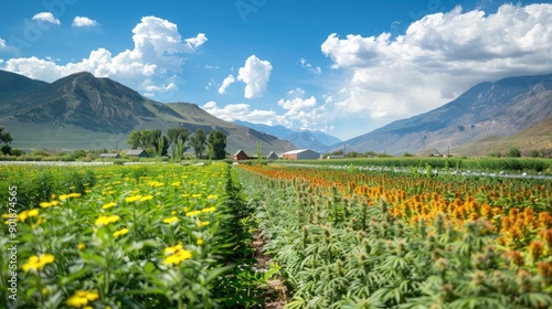 Fields of various hemp plants with mountains and sky in the background along with a farmhouse and a flower garden for producing biofuels in a natural setting