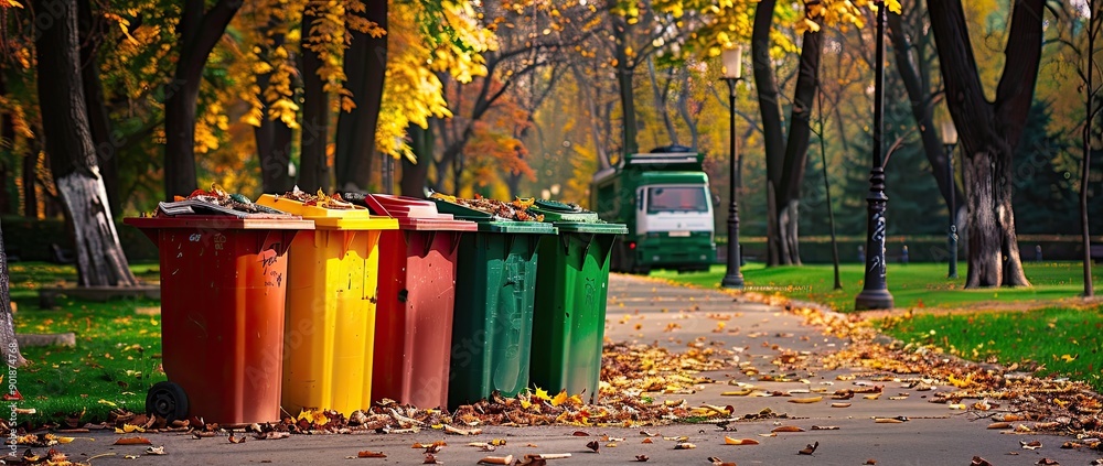 Fototapeta premium Autumn Leaves and Recycling Bins