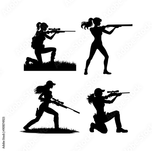 Set of women silhouettes hunting and enjoying the outdoor activity 
