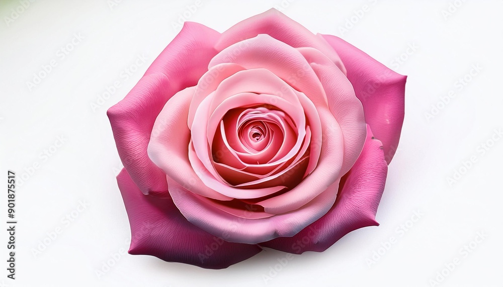 Fototapeta premium closeup top view of pink rose timeless symbol of love and affection vibrant color and detailed beautiful blooming blossom isolated on white background selective focus and in vertical o