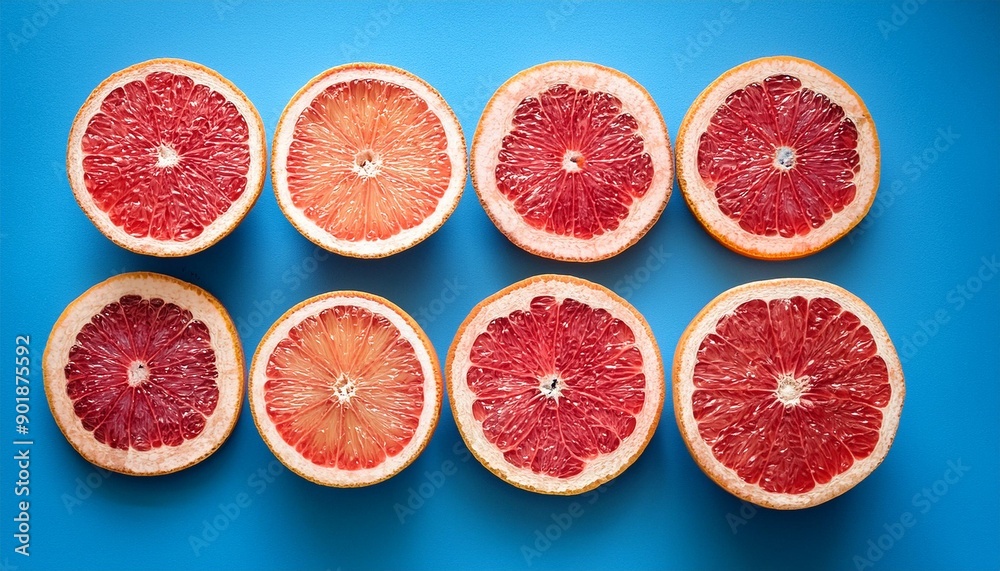 Colorful fruit pattern of fresh grapefruit slices on blue background From top view Colorful fruit pattern of fresh grapefruit slices on blue background From top view