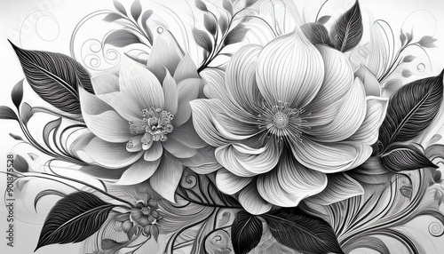 Wallpaper Mural Close-up of a beautifully detailed monochrome floral illustration with intricate petals and leaves on a white background. Torontodigital.ca