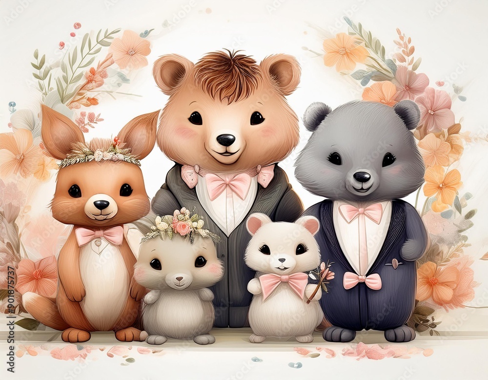 Naklejka premium Cute cartoon animals attending a wedding with floral decorations, Childlike, Pastel shades, Digital painting, Playful and charmingwhite background