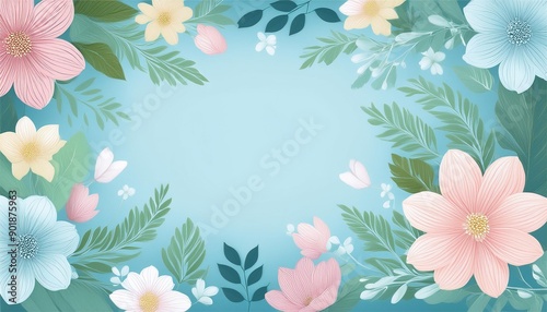 Elegant floral background with pastel flowers and leaves on a soft blue backdrop, ideal for invitations and greeting cards.