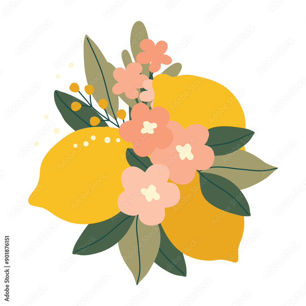 Hand drawn lemons with flowers and leaves isolated on white background Hand drawn lemons with flowers and leaves isolated on white background