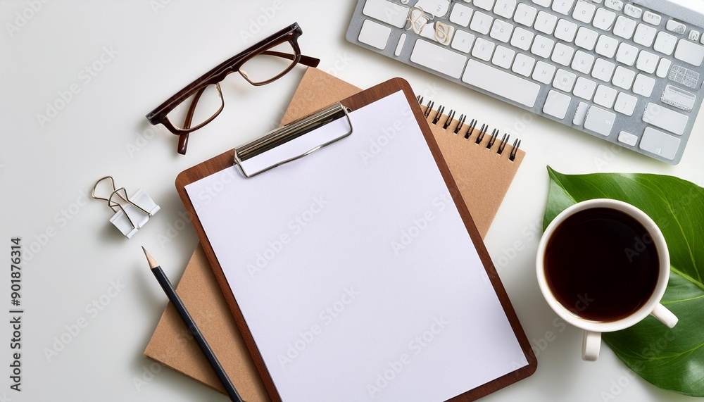 Flat lay top view office table desk Workspace with blank clip board keyboard office supplies pencil green leaf and coffee cup on white background Flat lay top view office table desk Workspace with blank clip board keyboard office supplies pencil green leaf and coffee cup on white background
