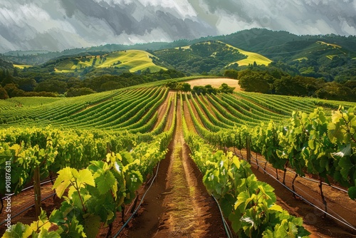 Lush Vineyard Rows in Overcast Weather photo