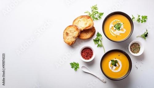 Wallpaper Mural Flatlay of creamy homemade soup in plates with bread slices over white plain table background top view copy space Autumn Winter creamy vegan soups vegetarian food menu comfort food con Torontodigital.ca