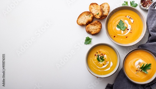 Flatlay of creamy homemade soup in plates with bread slices over white plain table background top view copy space Autumn Winter creamy vegan soups vegetarian food menu comfort food con