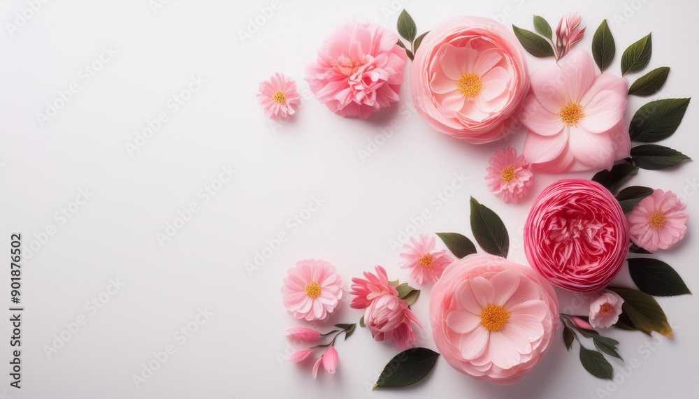 Flowers composition Frame made of pink flowers on white background Valentines Day background Flat lay top view copy space Flowers composition Frame made of pink flowers on white background Valentines Day background Flat lay top view copy space