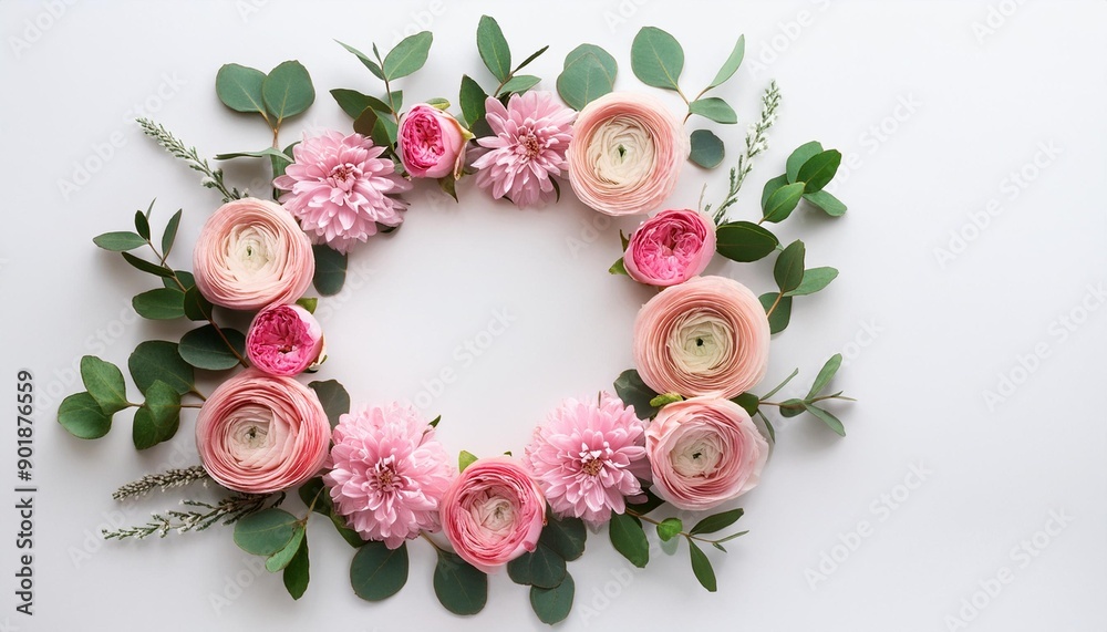 Flowers composition Wreath made of various pink flowers and eucalyptus branches on white background Flat lay top view copy space square Flowers composition Wreath made of various pink flowers and eucalyptus branches on white background Flat lay top view copy space square