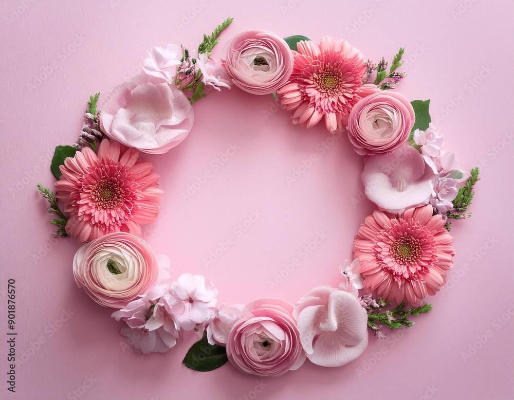 Flowers composition Wreath made of pink flowers on pink background Flat lay top view copy space Flowers composition Wreath made of pink flowers on pink background Flat lay top view copy space
