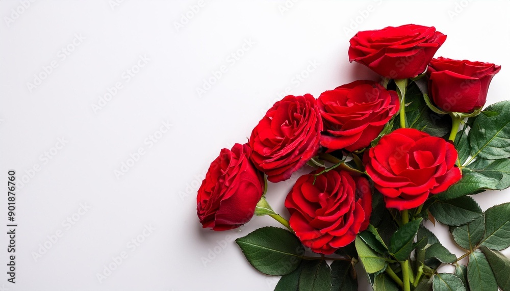 Fototapeta premium Flowers creative composition Bouquet of red roses rose plant with leaves isolated on white background Flat lay top view copy space