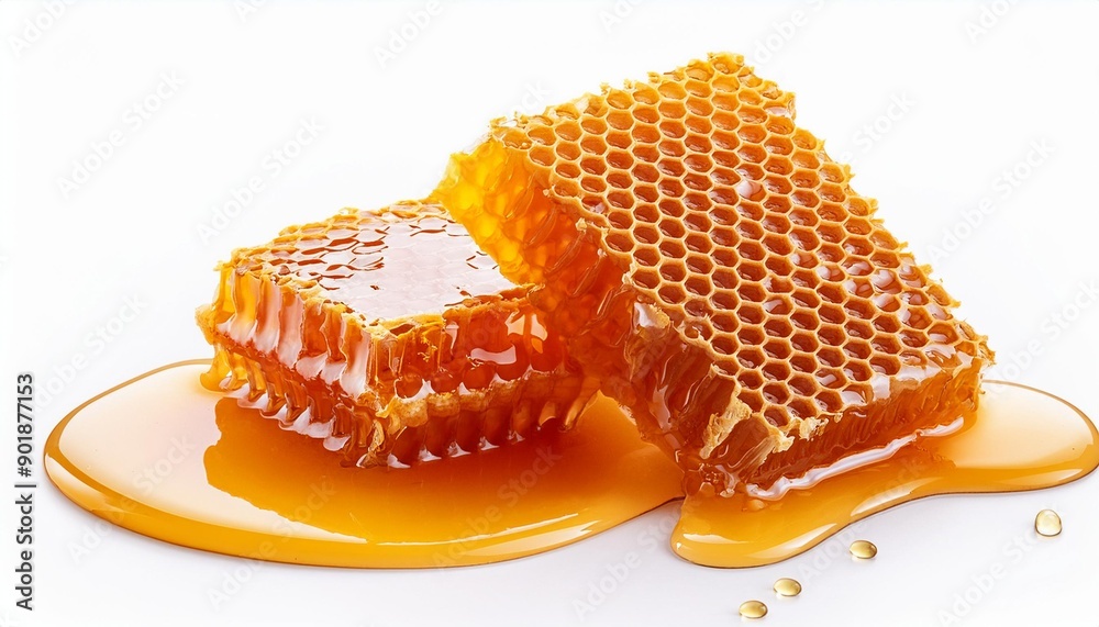 Honeycomb with flowing honey syrup isolated on white background Honey Flat lay Top view Flat lay Honeycomb with flowing honey syrup isolated on white background Honey Flat lay Top view Flat lay