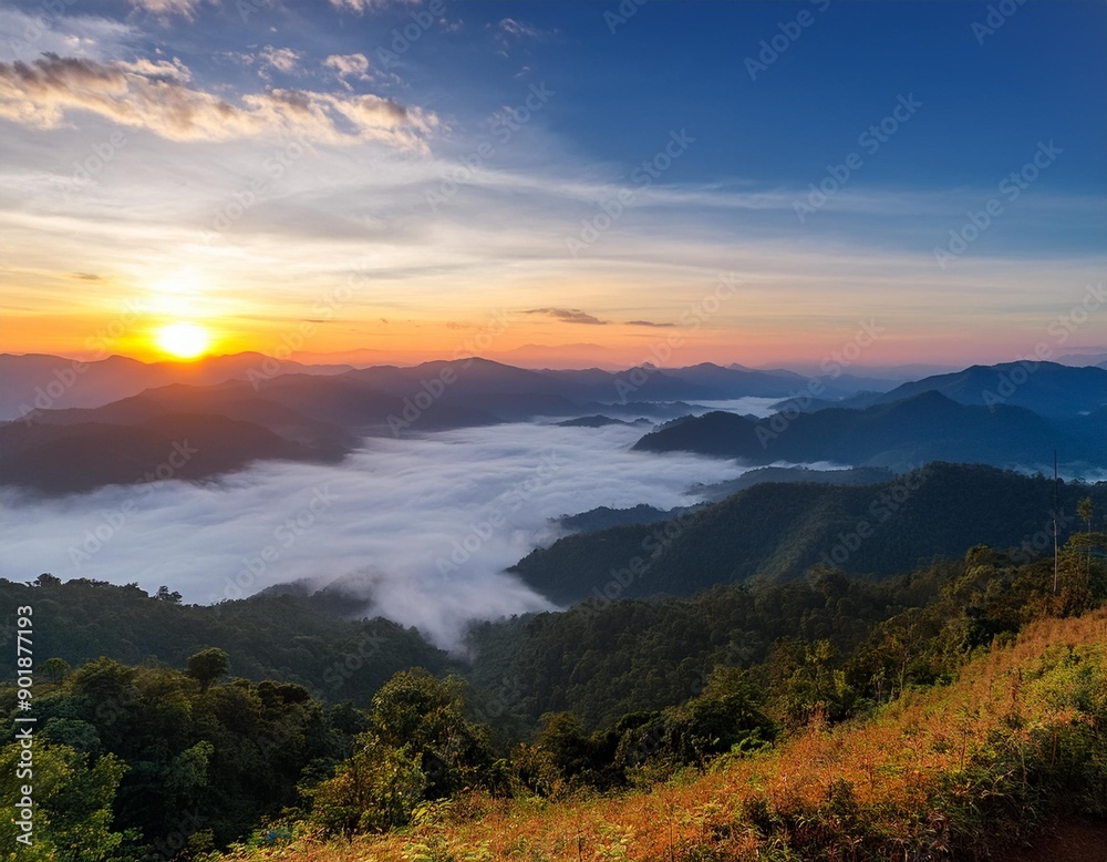 Fototapeta premium landscape and sky background concept nature of north Thailand fogladen valleys wintery mountain passes of Mae hong son province top view on the mountain sunrise and sunset