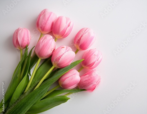 Pink tulip flowers bouquet on white background Flat lay top view © Abele