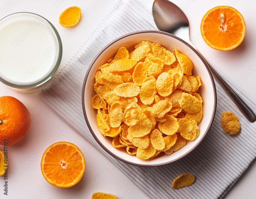 Top view of corn flakes bowl sweeties with milk and orange on white background flat lay overhead layout fresh and healthy breakfast design concept Top view of corn flakes bowl sweeties with milk and orange on white background flat lay overhead layout fresh and healthy breakfast design concept