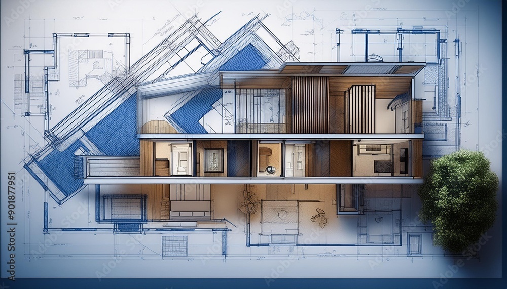 Top view of architectural design project of new modern home Creative construction studio background Abstract blueprint drawing and divider Top view of architectural design project of new modern home Creative construction studio background Abstract blueprint drawing and divider