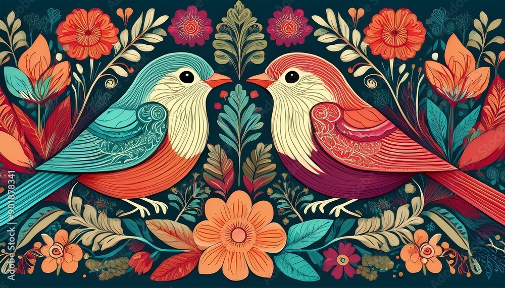 Whimsical illustration of two colorful birds surrounded by intricate floral patterns, perfect for nature-inspired designs and decor. Whimsical illustration of two colorful birds surrounded by intricate floral patterns, perfect for nature-inspired designs and decor.