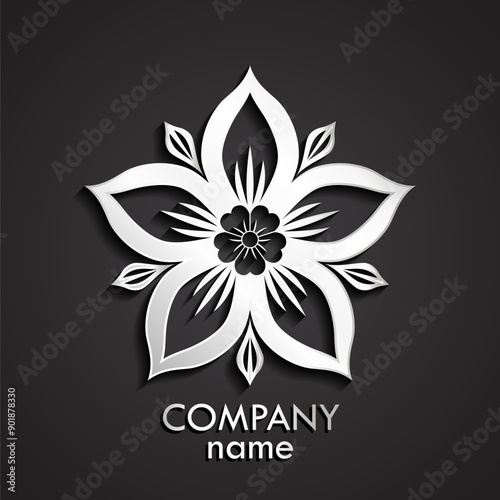 3d silver beautiful five petal flower logo