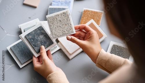 Woman architect designer select epoxy grout for ceramic tiles compare samples finishing works concept closeup top view Female interior creator choosing renovation materials with swatch