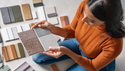 Woman architect designer select epoxy grout for ceramic tiles compare samples finishing works concept closeup top view Female interior creator choosing renovation materials with swatch