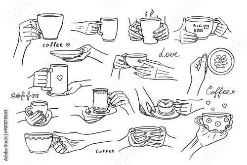Set of cups and mugs in hands in doodle style. I love tea, tea time, coffee time, cup of coffee, mug of tea. Mug in hand. Hand drawn. Vector illustration EPS10