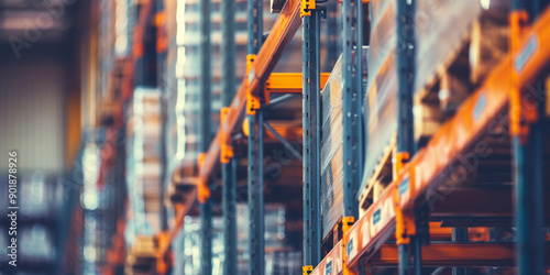 Orange, blue, and grey metal shelves in a warehouse, depicting efficiency and organization in a modern industrial setting. 