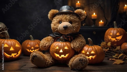 An adorable teddy bear dressed in a charming costume sits among bright orange pumpkins, including a lit jack-o'-lantern, on a tranquil autumn evening.