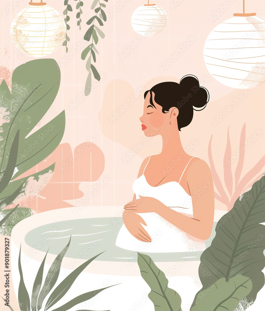 Beautiful pregnant woman in spa, illustration style Beautiful pregnant woman in spa, illustration style