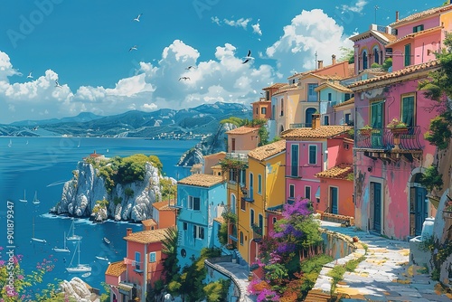 Fototapeta Naklejka Na Ścianę i Meble -  A colorful town with a blue ocean in the background