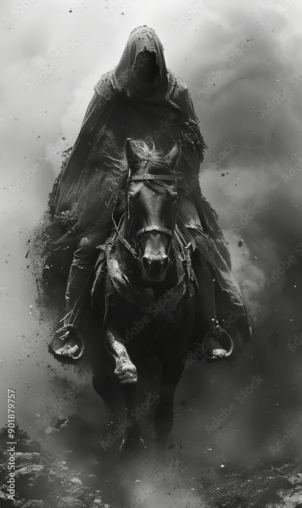 hooded warrior on horseback. Realistic. Riding into battle. Roman greek aesthetic.generative ai hooded warrior on horseback. Realistic. Riding into battle. Roman greek aesthetic.generative ai