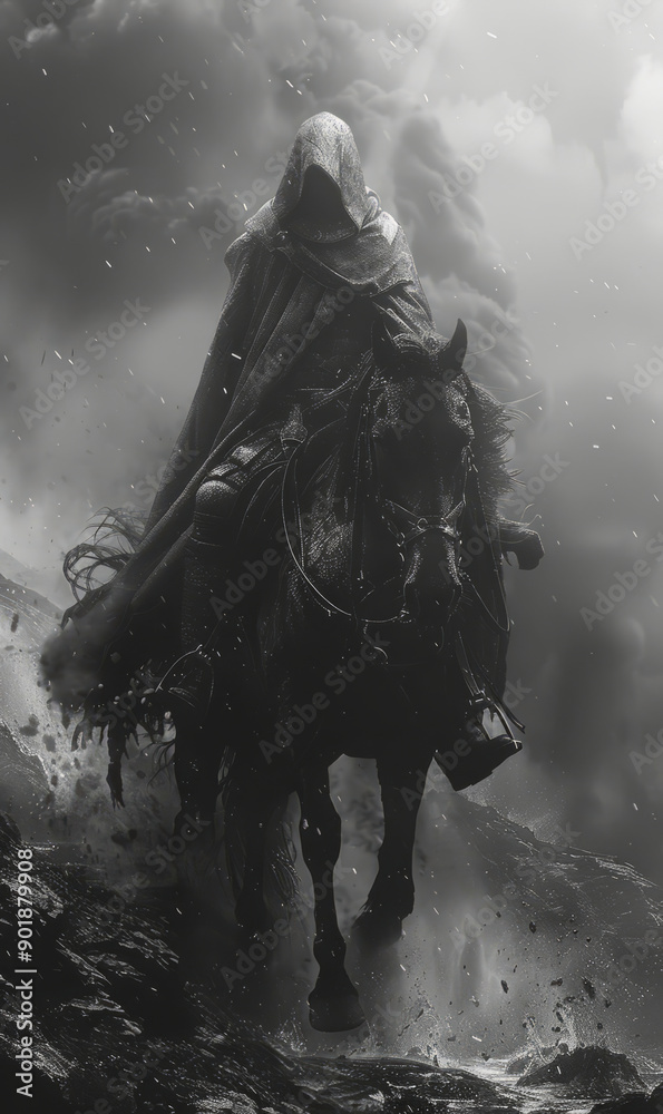 Fototapeta premium hooded warrior on horseback. Realistic. Riding into battle. Roman greek aesthetic.generative ai