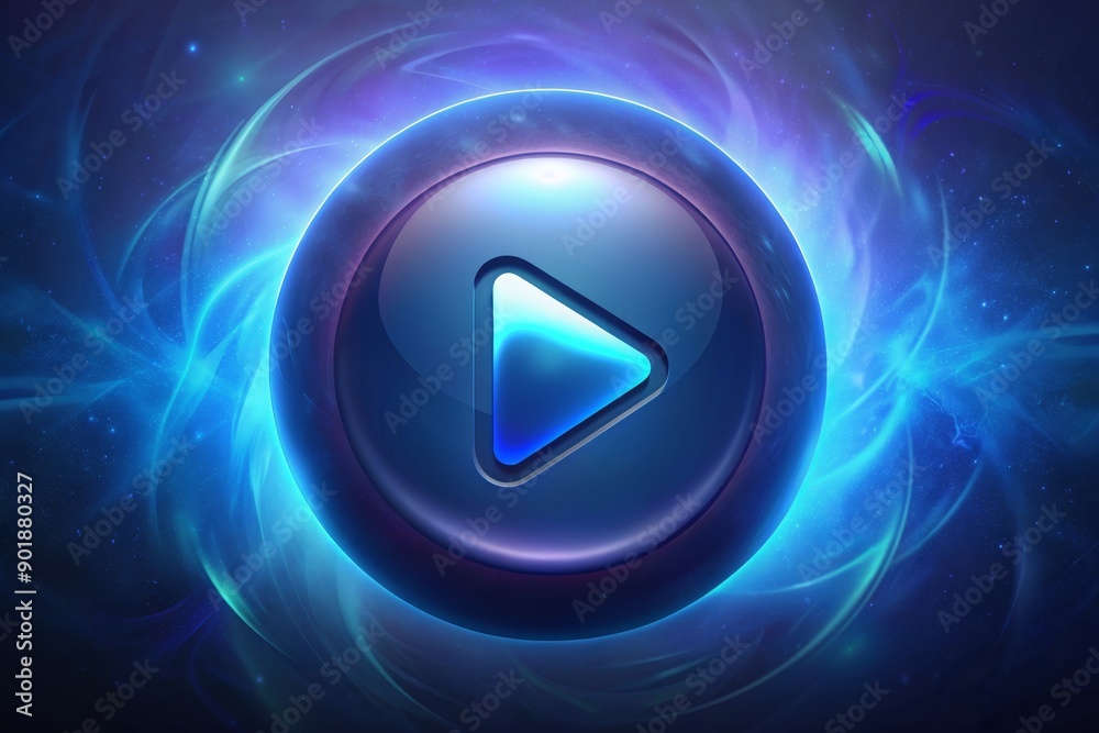 Illuminated play button surrounded by ethereal light in a cosmic atmosphere Illuminated play button surrounded by ethereal light in a cosmic atmosphere