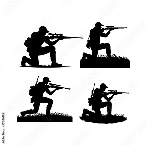 Set of men silhouettes hunting and enjoying the outdoor activity 