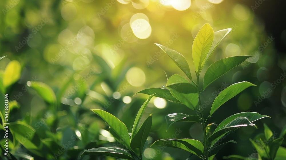 Fresh green leaves with sunlight bokeh