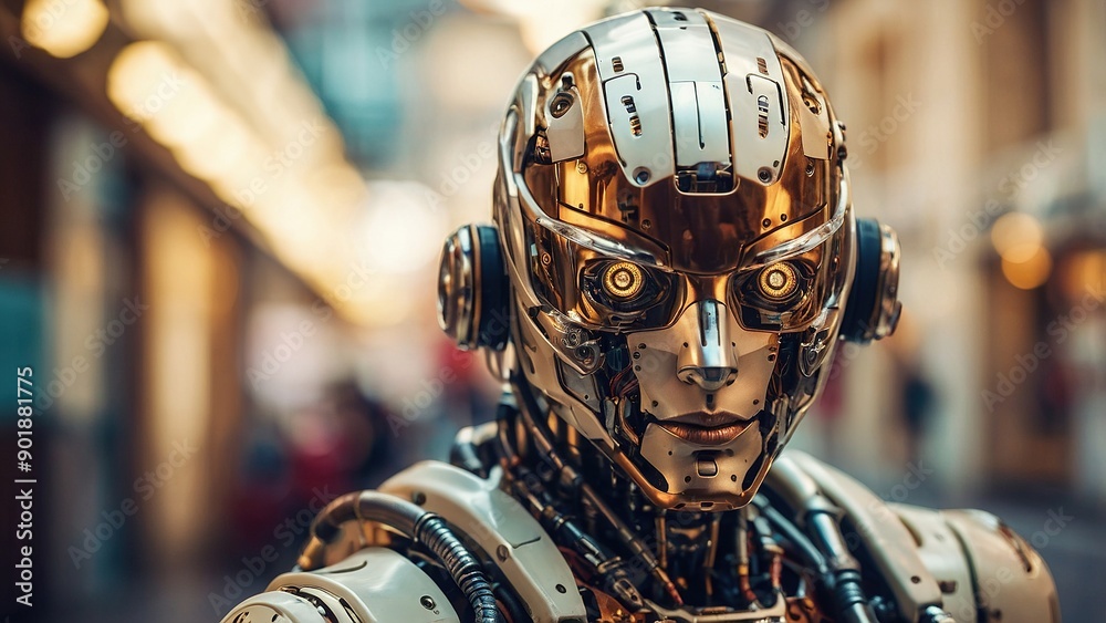 Highly Detailed Close-Up Of A Futuristic Robot In An Urban Environment During Evening Hours Highly Detailed Close-Up Of A Futuristic Robot In An Urban Environment During Evening Hours
