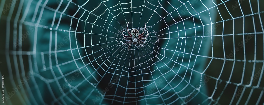 Obraz premium Close-up of a spiderweb with a spider in the center.