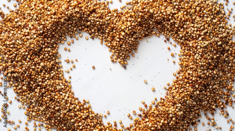 Heart shaped quinoa seed frame with text space on white background top view Heart shaped quinoa seed frame with text space on white background top view