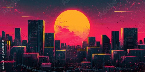 Wallpaper Mural Vibrant retro futuristic cityscape with a bold, oversized sun dominating the horizon.  Torontodigital.ca