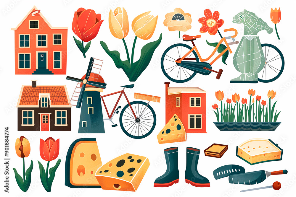 symbols that represent the Netherlands. Include items like a windmill, a bicycle, a tulip field, a piece of Gouda cheese, wooden clogs, and a canal house. symbols that represent the Netherlands. Include items like a windmill, a bicycle, a tulip field, a piece of Gouda cheese, wooden clogs, and a canal house.