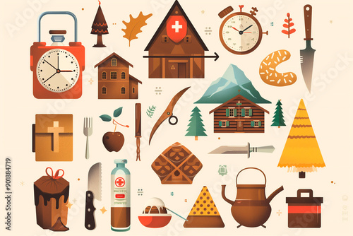 symbols that represent Switzerland. Include items such as a Swiss watch, a piece of chocolate, the Matterhorn, a Swiss army knife, a traditional chalet, and a fondue pot.
